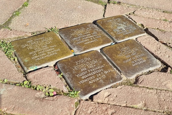 The five Stumbling Stones in memory of the Hiegentlich family in front of Markt 17 in Roermond