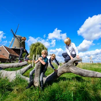 Kinderen spelen en klimmen op boomstammen in het gras, met een molen en boerderij op de achtergrond onder een blauwe lucht.